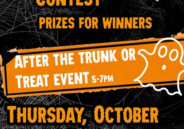 Costume contest flyer, Thursday October 29 at 7:30pm, following a 5-7pm trunk or treat event.